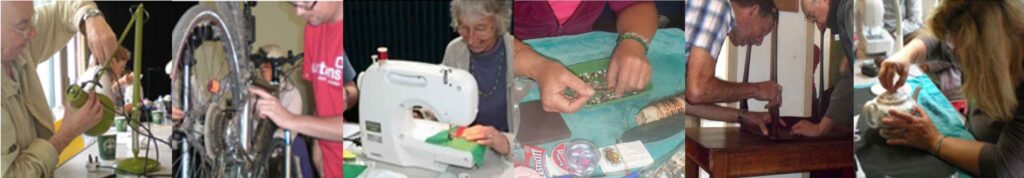 Montage of repairs, L to R:
electrical, bikes, sewing, jewellery, woodwork, gluing