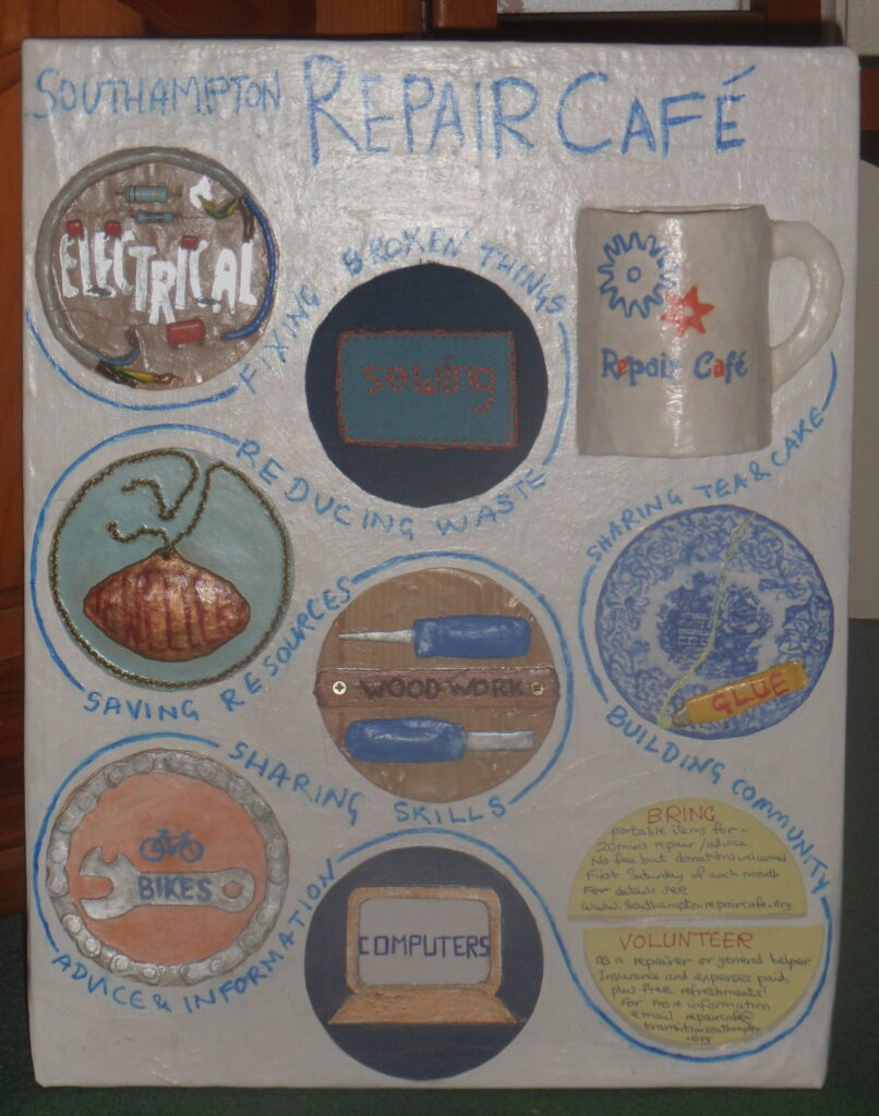 3D Information board describing repair cafe -images of electrical wiring, sewing, jewellery, woodworking, gluing, bike spanners, computer screen and cuppa